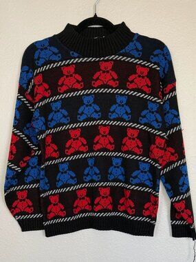 Vintage 80s Teddy Bear Graphic Barbershop Stripe Acrylic Knit Sweater Flaw M/S